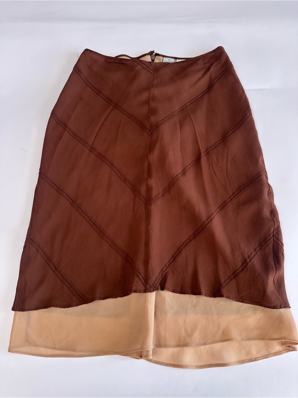 Vintage DKNY Y2K Chocolate Brown Silk Sheer Hem Midi Skirt 90s Minimalist